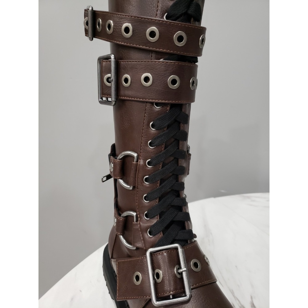 SIZE 9 Dolls Kill Club Exx COMBAT BOOTS STEAMPUNK cyberpunk gothic strappy brown - Picture 8 of 16